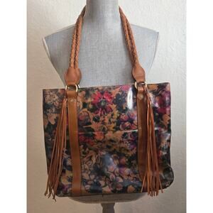 $269 Patricia Nash Rena Floral Leather Tote Summer Drawing fall colors brown
